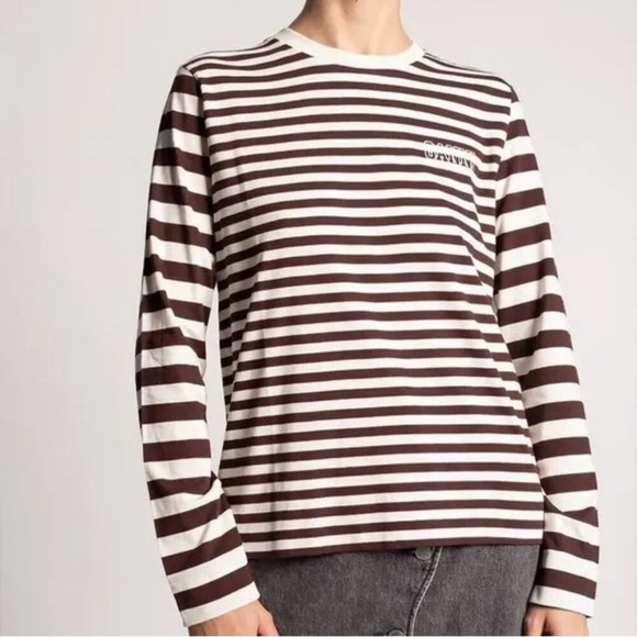 Ganni Top Tee Crew Long Sleeve Striped Casual Chic Preppy Brown White Large - Picture 1 of 13
